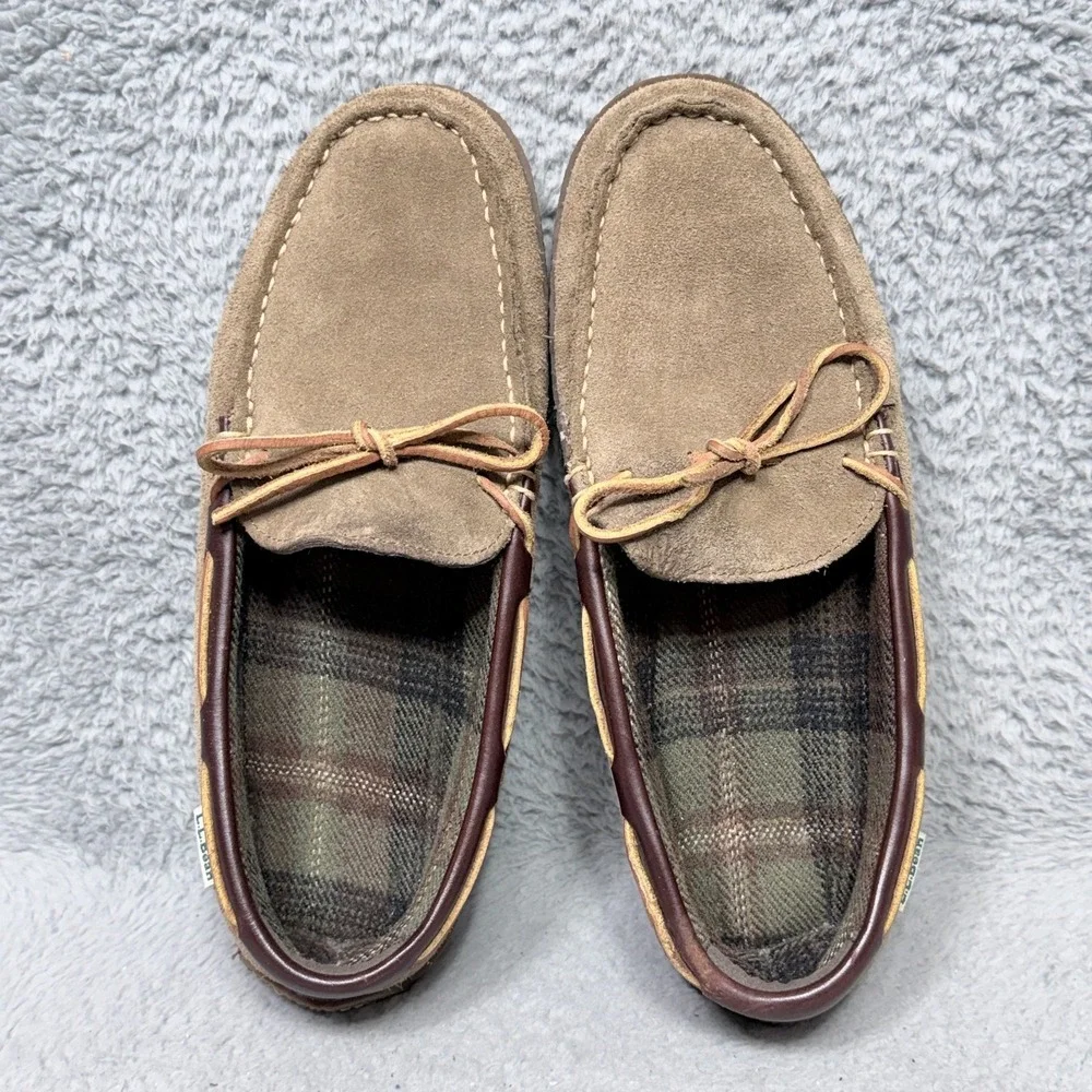 LL Bean Handsewn Slippers Flannel-Lined Mens‎ Size 9 Moccasin Shoes Brown Suede